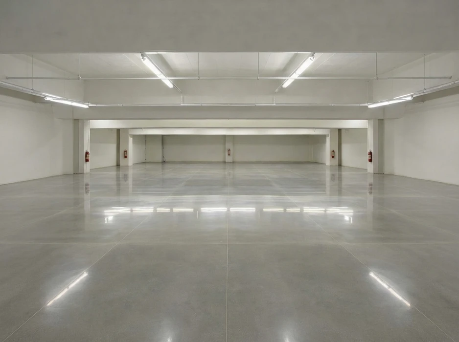 Vaste espace commercial vide de type showroom, sol en béton poli brillant, plafond à dalles acoustiques noires avec spots LED encastrés et structure métallique apparente