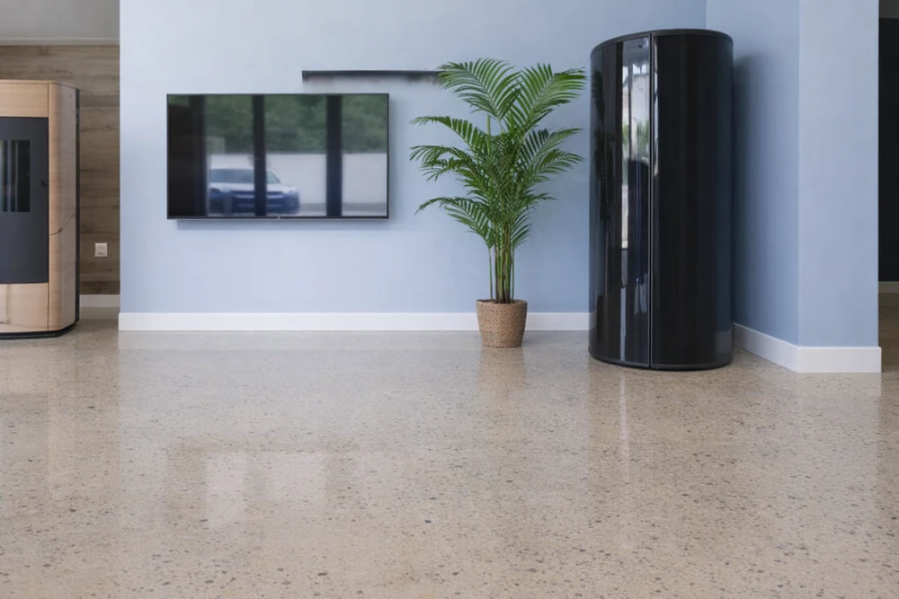 Vaste espace industriel vide, sol en béton ciré hautement poli à finition miroir, reflets lumineux intenses