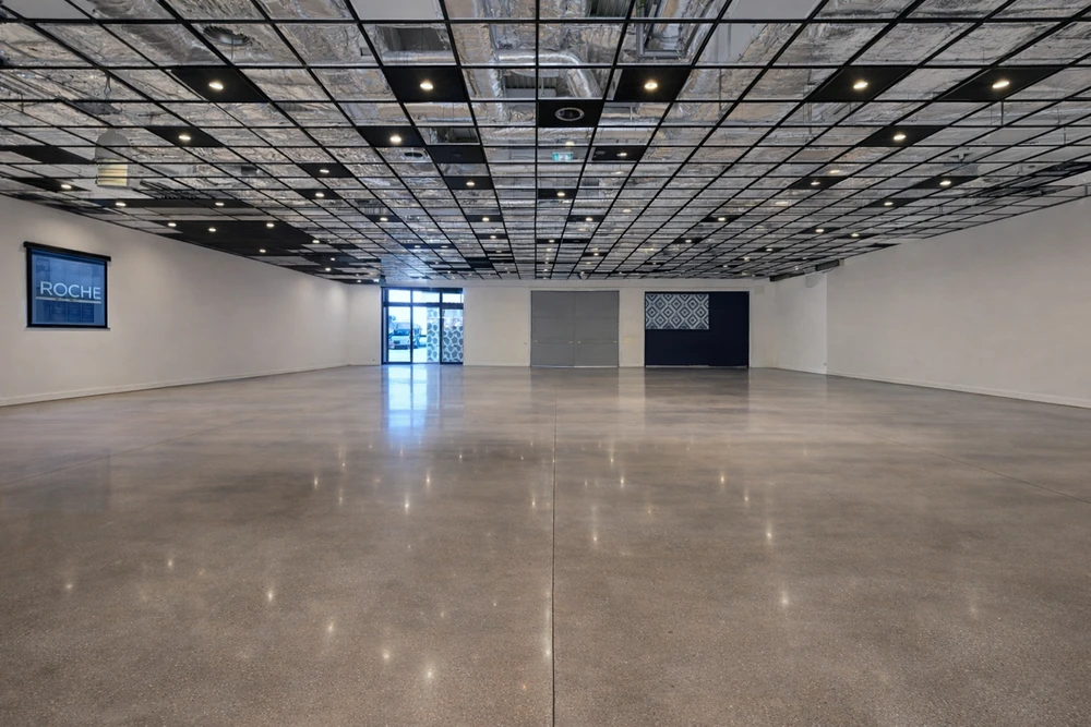 Couloir moderne résidentiel avec sol en béton poli brillant, murs blancs, miroir circulaire noir, jardinière métallique avec plante verte