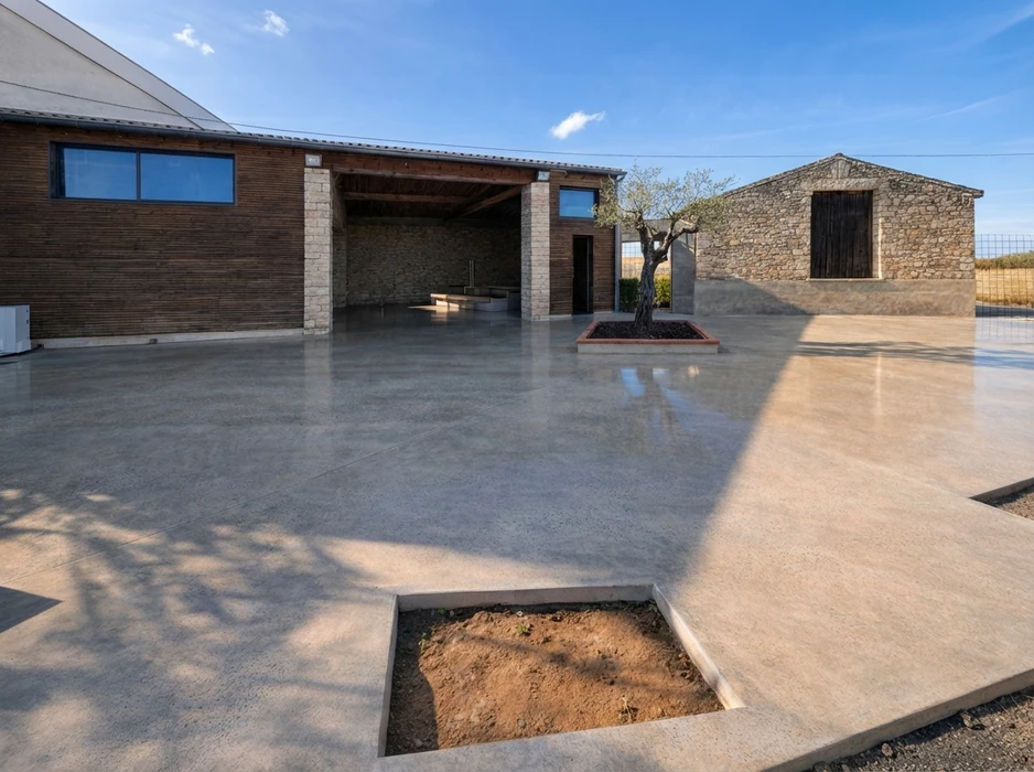 Sol en terrazzo poli haute brillance, composition de granulats de marbre et pierre concassée incrustés dans un liant cimentaire gris clair