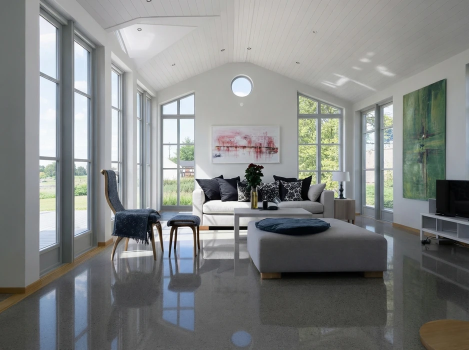 Sol en béton poli hautement lustré, agrégats apparents, finition miroir