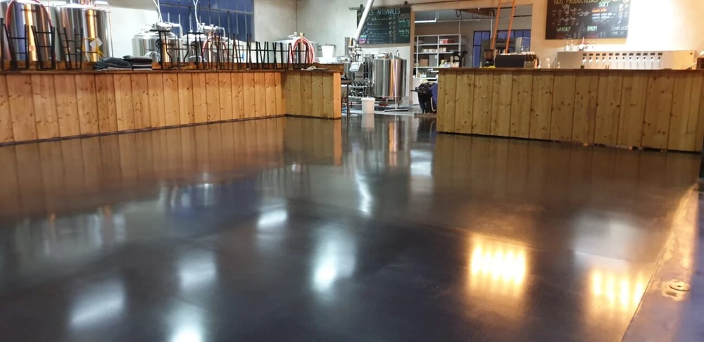 Couloir moderne résidentiel avec sol en béton poli brillant, murs blancs, miroir circulaire noir, jardinière métallique avec plante verte