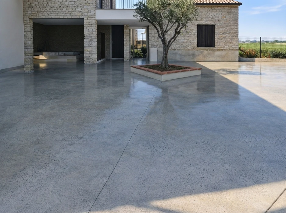 Vaste espace industriel vide, sol en béton ciré hautement poli à finition miroir, reflets lumineux intenses