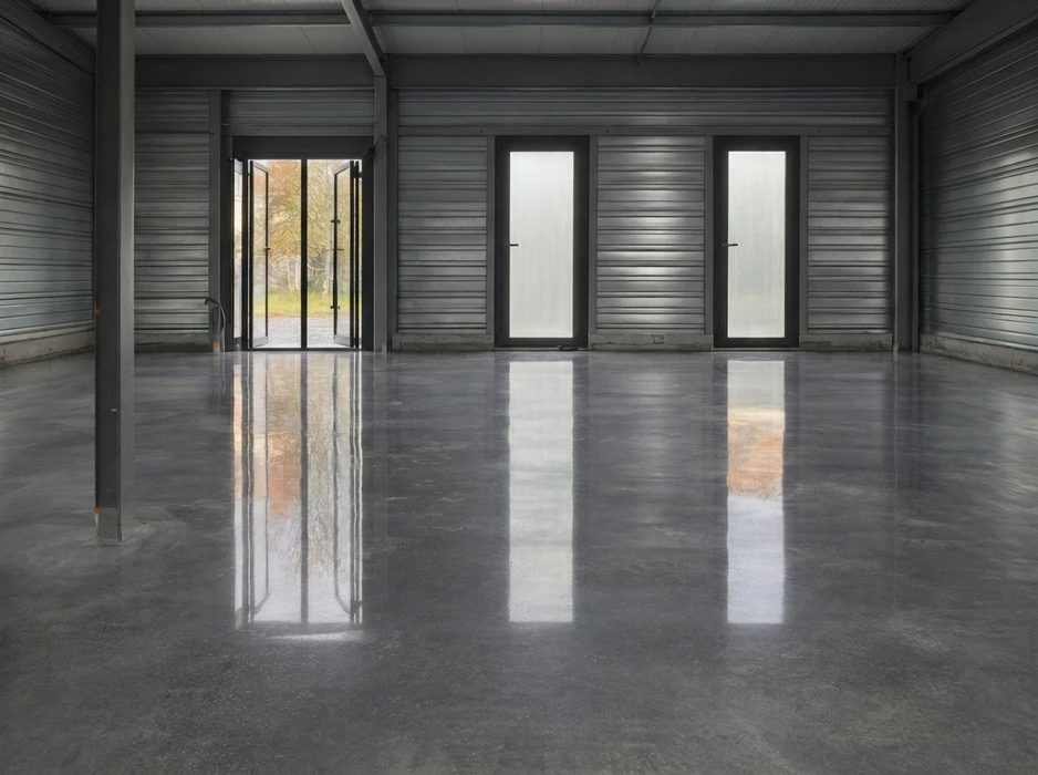 Sol en béton poli hautement lustré, agrégats apparents, finition miroir