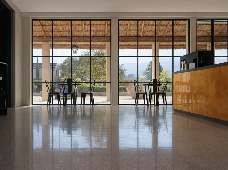 Surface en béton poli avec granulats apparents, finition terrazzo ou béton désactivé