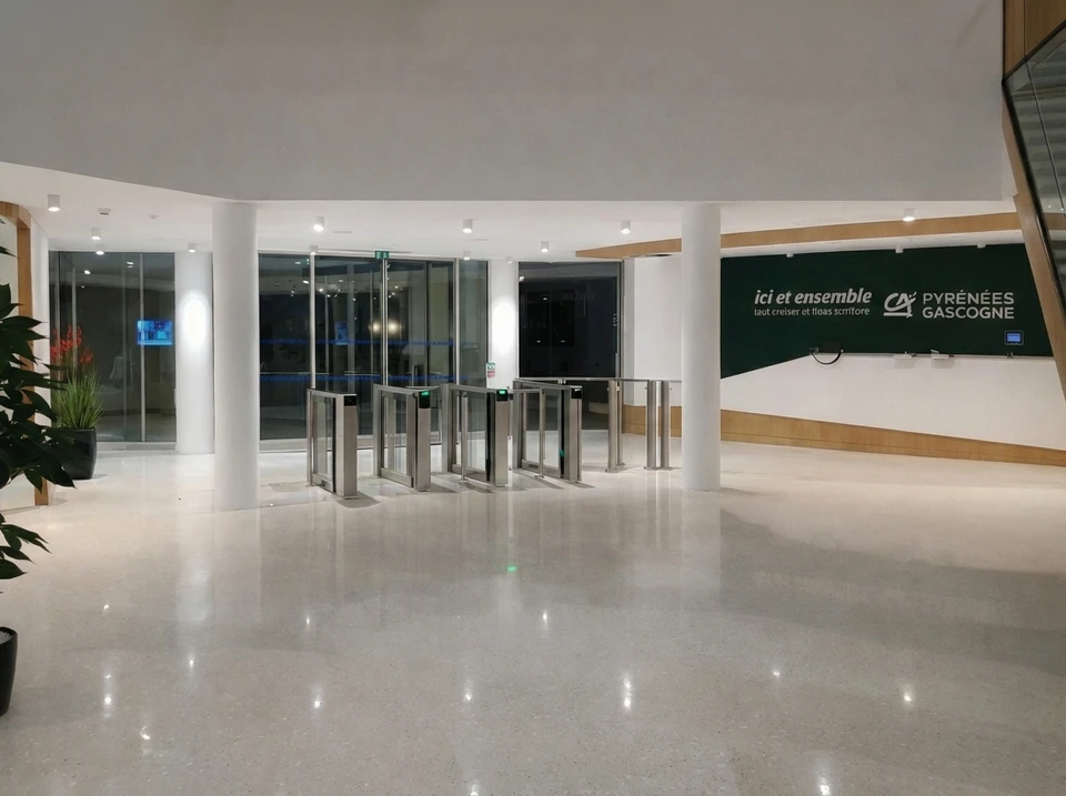 Espace commercial moderne avec hall d'entr&eacute;e spacieux, sol en b&eacute;ton poli gris anthracite, colonnes en marbre blanc vein&eacute;