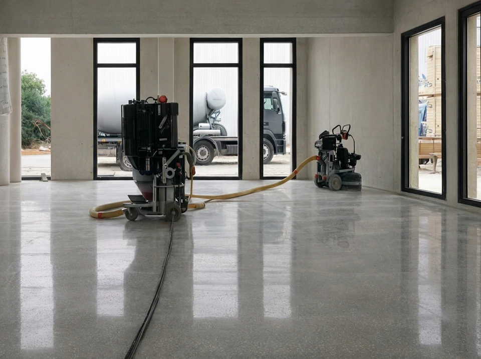 Ouvrier en tenue de sécurité réalisant le polissage d'un sol en béton dans un bâtiment en construction