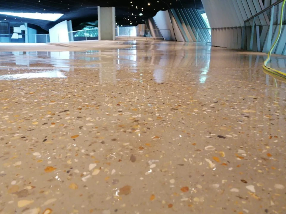 Vue rapprochée d'un sol en terrazzo poli brillant avec motifs de marbre et granit intégrés, éclairage naturel mettant en évidence la surface polie et le veining caractéristique des matériaux nobles, prise de vue mettant l'accent sur la texture lisse et l'éclat du revêtement dans un intérieur résidentiel haut de gamme.